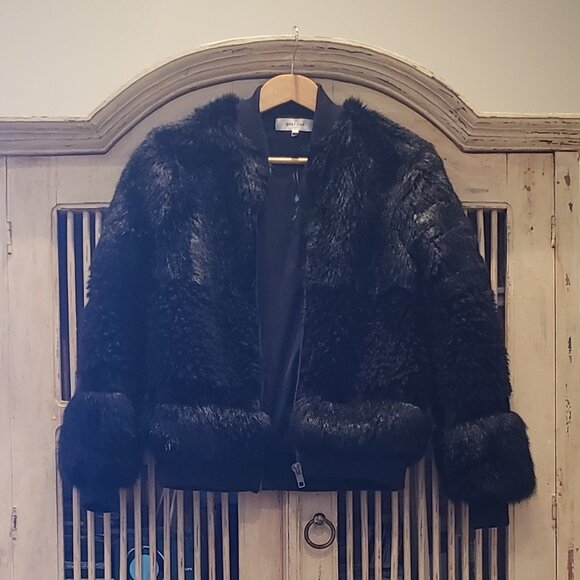 John + Jenn Black Faux Fur Bomber Jacket Mixed Texture Small - Picture 5 of 11